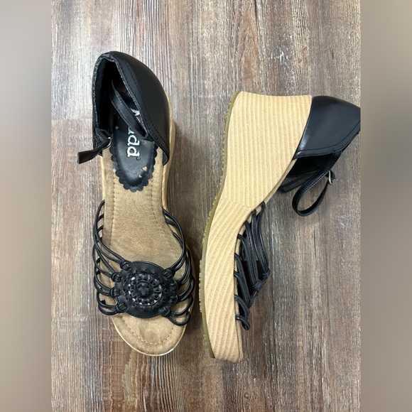 Mudd Y2K Cork Wedge Sandals Heels Size 9.5 Black/Tan Summer Vacation Beach - Picture 1 of 11